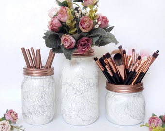 Marble desk accessories, Rose gold marble, marble home decor, white marble mason jar, makeup brush holder, marble storage, marble office pot