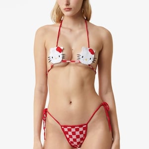 Hello Kitty Crochet swimsuit set . As seen on Dua Lipa. Fashionable Crochet bikini top and bottom. image 5