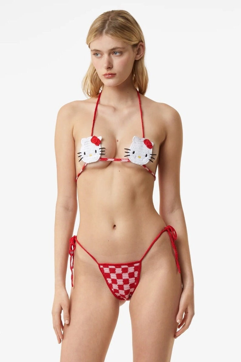 Hello Kitty Crochet swimsuit set . As seen on Dua Lipa. Fashionable Crochet bikini top and bottom. image 5