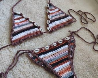 Tribal crochet bathing suit. Seashells crochet brazilian bikini. Bohemian bikini set with beads.