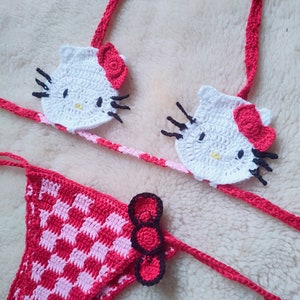 Hello Kitty Crochet swimsuit set . As seen on Dua Lipa. Fashionable Crochet bikini top and bottom. image 2