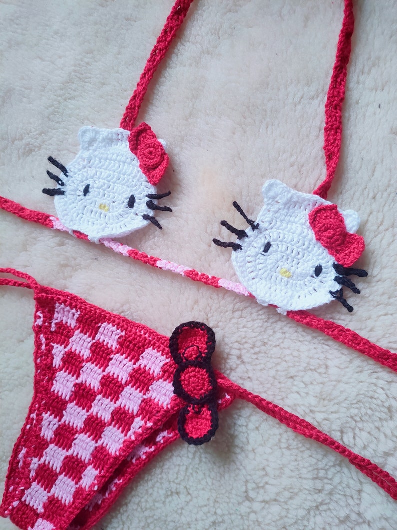 Hello Kitty Crochet swimsuit set . As seen on Dua Lipa. Fashionable Crochet bikini top and bottom. image 2