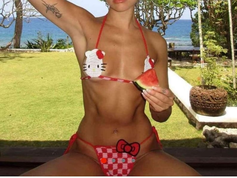 Hello Kitty Crochet swimsuit set . As seen on Dua Lipa. Fashionable Crochet bikini top and bottom. image 1