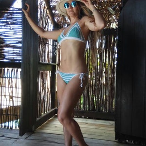 Turquoise bikini. Crochet bikini. Crochet swimwear. Sexy swim wear. Cute bikini. Thong bottom bikini or cheaky bottom bikini