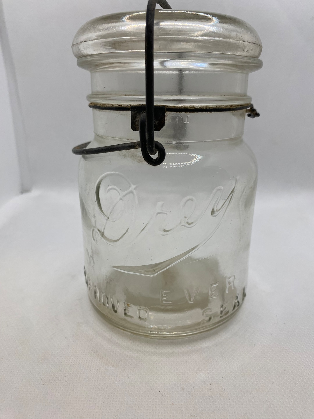 Antique Vintage Drey Fruit Jar With Hinged Clear Glass Lid and Wire