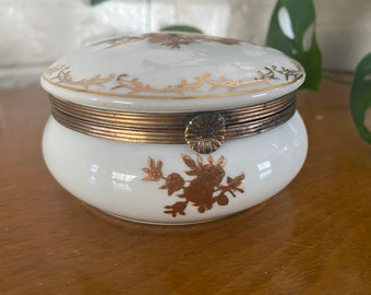 Vintage Limoges ? Porcelain Trinket Box with Gold Floral and Scroll Decoration