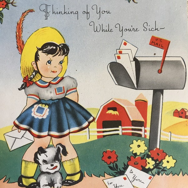Vintage 1950s Unused Get Well with Little Girl Mailing a Card and Sweet Puppy Between her Legs Greeting Card