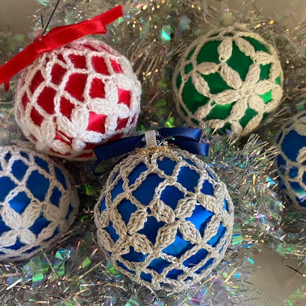 Vintage Variety of Green, Red, Blue Satin Ball Crocheted Ornaments