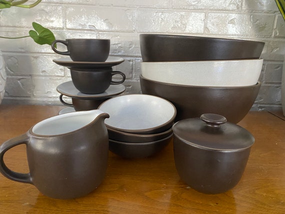 Vintage Heath Ceramics Brown + White Coupe Shape Dinnerware Large