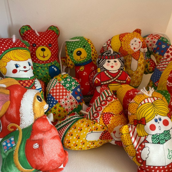 Vintage Retro Handmade Handsewn Quilt Fabric Christmas Ornaments SOLD SEPERATELY Dog Candy Cane Angel Rocking Horse Bear Chipmunk Bell