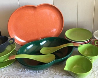 Vintage Brachell Melmac Including Kaye LaMoyne Designs & Color Flyte Cups Creamer Plates Bowl Platter and Salad Serving Tongs