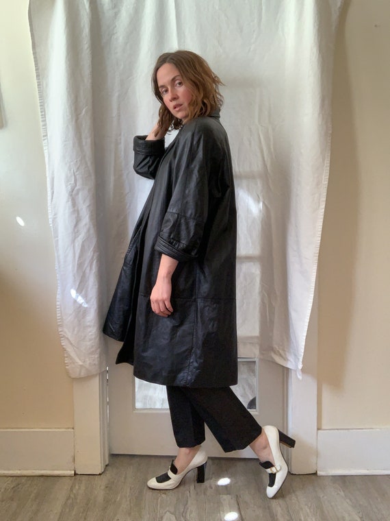 Black Leather Swing Coat / Free Size