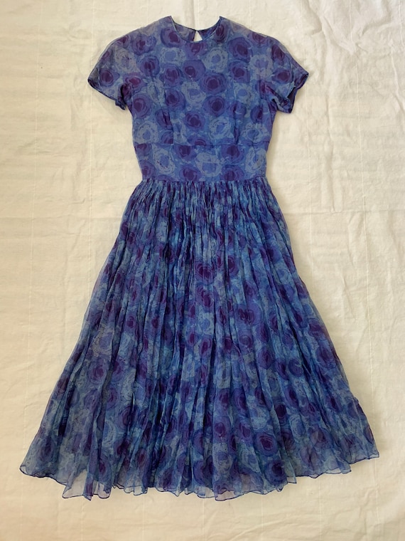 1950's Chiffon Micropleat Roses Dress / Size XS - image 4