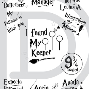 May include: A black and white graphic featuring Harry Potter-themed phrases and imagery. Text includes "Butterbeer," "Mischief Manager," "My Patronus is Wine," and "Accio Champagne." Also includes a broom.