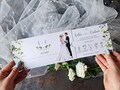 Sliding wedding invitation with bride and groom. Slideng bride invitation. Full custom design. Greenery and white roses. Romantic wedding product logo