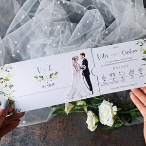 Schiebehochzeitseinladung mit Brautpaar. Hochzeitseinladung. Volles individuelles Design. Weiße und grüne Rosen. Romantische Hochzeit