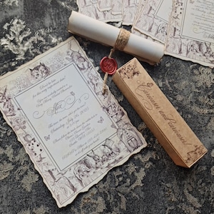 Rolle-Vintage Einladung Alice im Wunderland-Thema mit gebrannten Rändern und Wachssiegel. Papyrus einladung Altes papier läd ein Voll kundenspezifisch anfertigen