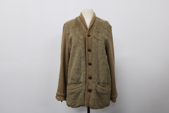 Men Cardigan Sweater / Vintage / 60's / Faux Fur /