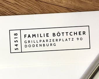 Personalisierter Adressstempel mit Rahmen - selbstfärbend oder als Holzstempel