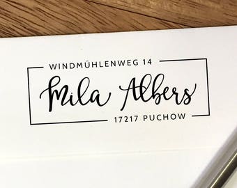 Gepersonaliseerde adresstempel met frame - zelfkleuring of als houten stempel