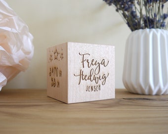 Engraved wooden cube gift for Birth & baptism
