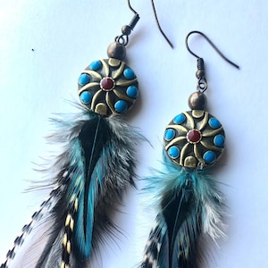 Feather earrings / long feather earrings / turquoise feather earrings / /feather accessories / Brass jewelry