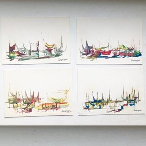 Set di 4 carte dipinte Lorenzoni / Arte murale vintage italiana