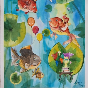 Original Pintura de acuarela grande decoración del hogar niños fantasía mascotas criatura, peces de lago de peces de colores, arte de guardería, regalo para arte de habitación para niños