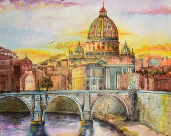 Grande aquarelle originale, 25x20 Cité du Vatican, Basilique Saint-Pierre, Rome Italie, paysage urbain, panorama roma, souvenir de Rome, coucher de soleil