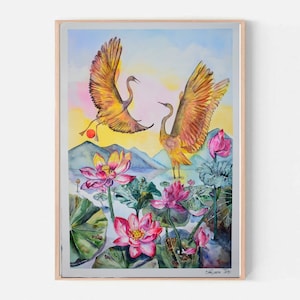 Dibujo de acuarela original Arte de la vida silvestre Obra de arte de la grúa Regalo animal para observadores de aves Koitsu Flor de loto Arte oriental asiático Pintura a mano