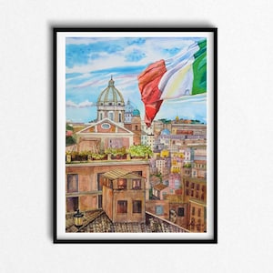 Grande peinture aquarelle originale Rome Italie vue italienne, art de voyage en Italie, urbain, Vatican, carte de Rome, architecture, décor à la maison, Roma Sicilia