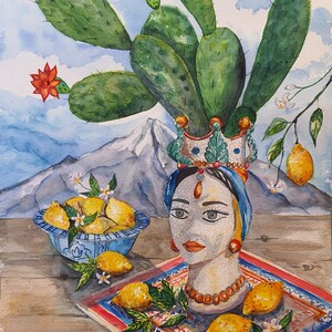 Testa siciliana Stampa pittura ad acquerello Sicilia Taormina Giclee Italia Ceramica siciliana Cactus Taormina Tradizione siciliana Testa di moro