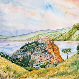 Acquerello originale grande dipinto 20x29 Vecchio castello sulle rocce Italia paesaggio tramonto pini Blu mare montagna san Valentino giorno regalo