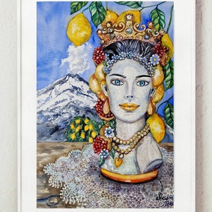 Testa siciliana Stampa pittura ad acquerello Sicilia Taormina Giclee Italia tradizione dei limoni in ceramica Testa di moro Vulcano Etna regalo di nozze neve