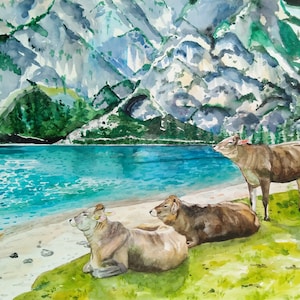 Alps landscape Original Watercolor Painting, house gift home decor, Handmade landscape painting,Living Room Decor 16x by 12in valentines day