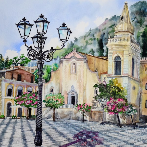 Italian church from rooftop with Etna Volcano eruption, Watercolor Print Painting Mountain Home Decor Housewarming gift Taormina SicilyItaly