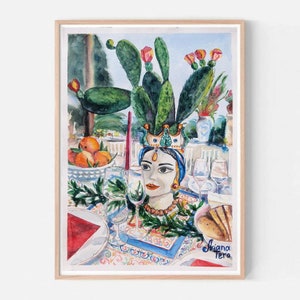 Sizilianische Kopf Print Aquarell Malerei Sizilien Taormina Giclee Italien sizilianische Keramik Kaktus Taormina sizilianische Tradition Testa di moro
