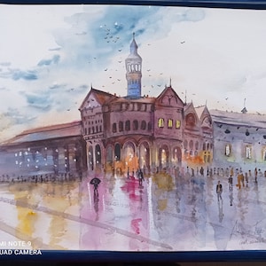 Print watercolor painting, Giclee rainy european city, old town, architecture, theatre, antique, old city, mood melancholy , Original Art