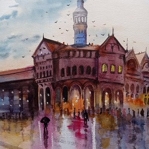 Original watercolor painting, rainy european city, old town, architecture, theatre, antique, old city, mood melancholy , night light city