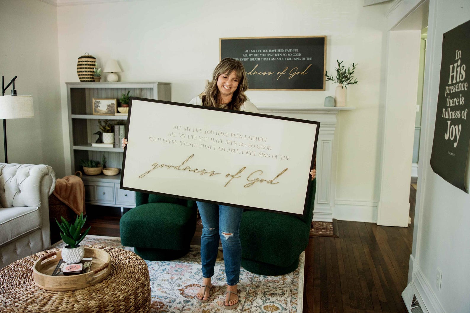 Goodness of God Wooden Wall Art Sign - 45x23 inches, Soft White-Black Txt, Black stain frame