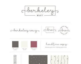May include: A branding mockup for a business called "berkeley way". The logo is a handwritten script in a black frame. The color palette includes dark gray, off-white, and a deep pink. The mockup also includes a pattern of white dots on a dark gray background and a pattern of white lines on a light background.