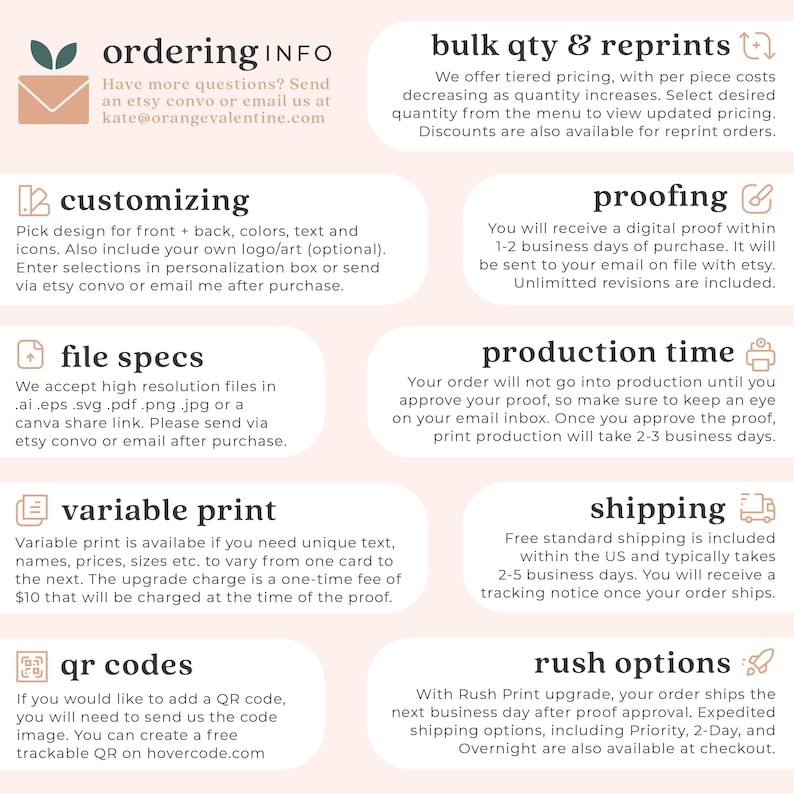 Orange Valentine ordering process and frequently asked questions about custom stationery
