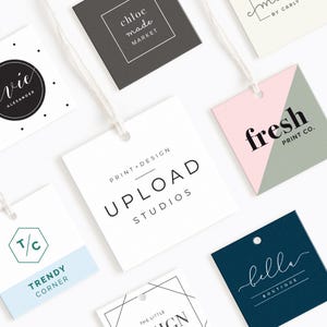 May include: A collection of eight different square-shaped gift tags with various designs and text. The tags are white, black, pink, green, blue, and light blue. The text on the tags includes: 'vie ALEXANDER', 'chloe made MARKET', 'PRINT DESIGN UPLOAD STUDIOS', 'fresh PRINT CO.', 'T/C TRENDY CORNER', 'THE LITTLE DESIGN', 'bella BOUTIQUE', and 'BY CARLY'.