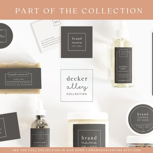 May include: A collection of black and white labels with the text "brand name or logo" and "product name". The labels are on various products, including a bottle of liquid, a bar of soap, a jar of cream, and a jar of a solid product. The labels are part of the "decker alley collection".