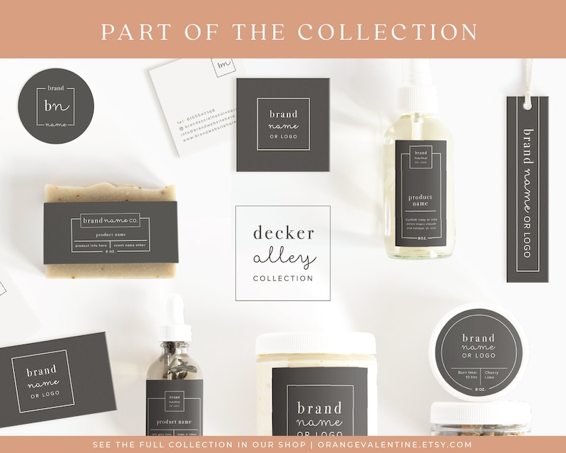 May include: A collection of black and white labels with the text "brand name or logo" and "product name". The labels are on various products, including a bottle of liquid, a bar of soap, a jar of cream, and a jar of a solid product. The labels are part of the "decker alley collection".