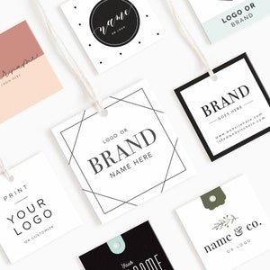 May include: A collection of eight different gift tags with various designs. The tags are all white with black text and designs. The designs include a circle with the word 'name' inside, a geometric pattern, a simple line design, and a floral design. The text on the tags includes 'name or logo', 'logo or brand', 'brand goes here', 'www.websitehere.com', 'info@websitehere.com', 'print your logo or customize', and 'name & co. or logo'.