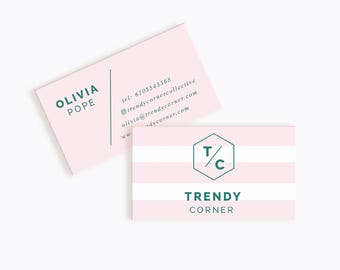 May include: A pink and white striped business card with the text "TRENDY CORNER" and a logo of a hexagon with the letters "T/C" inside. The business card also includes contact information for Olivia Pope, including a phone number, email address, and website.