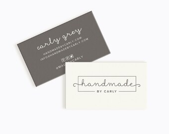 May include: Two business cards with a grey background and white text. The top card reads "carly grey" with contact information and social media icons. The bottom card reads "handmade by carly" in a handwritten font.