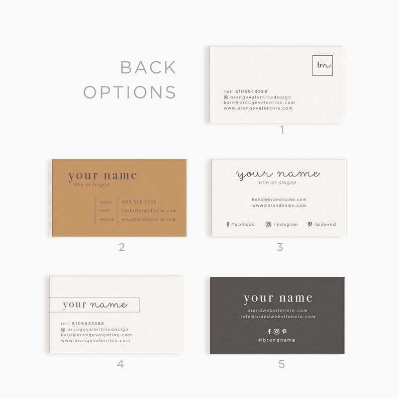May include: Five different business card back designs. The first card is white with a gray logo and contact information. The second card is brown with a white logo and contact information. The third card is white with a gray logo and social media icons. The fourth card is white with a gray logo and contact information. The fifth card is gray with a white logo and social media icons.