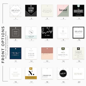 May include: Twenty different tag designs for a brand or logo. Each design is a square with a white background and black text. The designs include different fonts, shapes, and graphics. The text on the tags includes 'Brand', 'Name', 'Logo', 'Print', 'Your Own Design', 'Reprint', 'Name & Co.', and 'Brandname'. The tags are numbered 1 through 20.